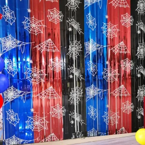 Decoraciones de cumpleaños de telaraña, paquete de 2 suministros de fiesta de araña cortinas de flecos de papel de aluminio