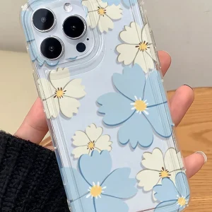 Shein Estuche suave transparente de alta gama con diseño de flores azules, a prueba de caídas y polvo
